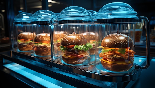 Hamburguesas en frascos de vidrio sobre la mesa en un restaurante de comida rápida