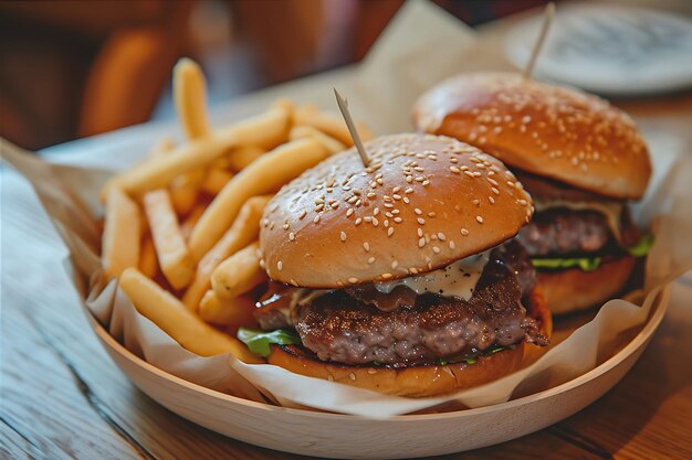 Hamburguesas y papas fritas en la mesa