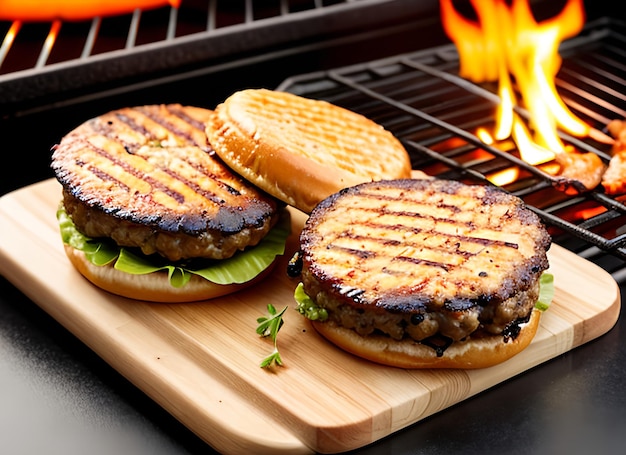 Foto hamburguesas a la parrilla en una parrilla caliente