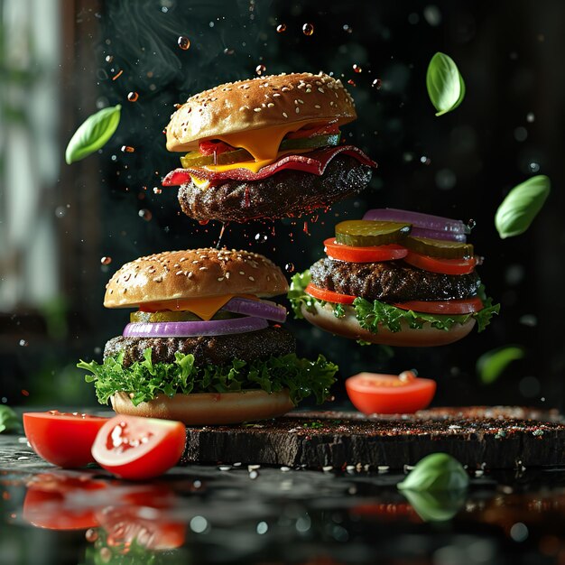 Foto hamburguesas a la parrilla que caen en el aire colección de carne asada