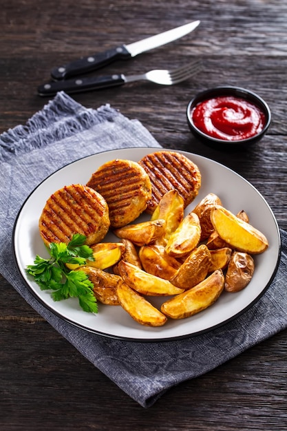 Hamburguesas de pescado a la plancha con gajos de patata al horno