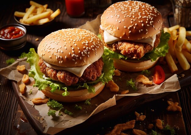 Hamburguesas de pollo con lechuga y mayonesa con papas fritas en tablero de maderaAI Generative