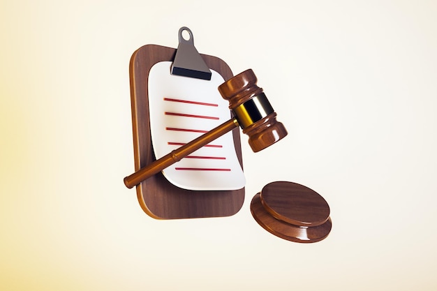 Hammer-Clipboard mit Papier und Klangblock, der auf cremefarbenem Hintergrund schwebt Konzept des Gesetzes und der Justiz 3D-Rendering 3D- Rendering