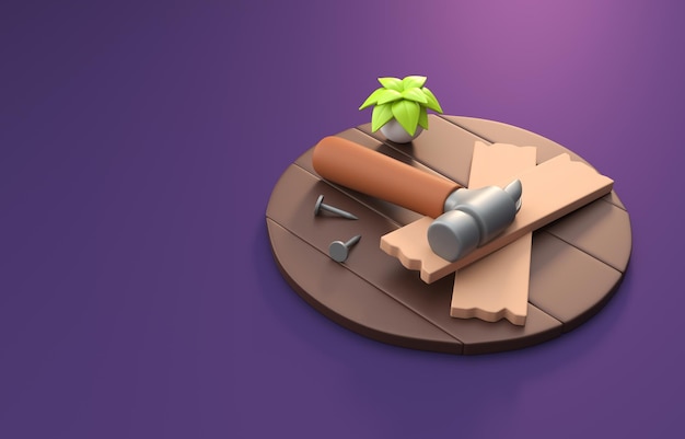 Hammer mit Holzbrettern 3D-Illustration