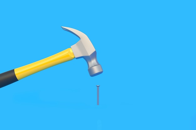 Hammer mit Stahlkopf und gelbem Kunststoffgriff schlägt kleine Schraube auf blauem Hintergrund 3D-Render