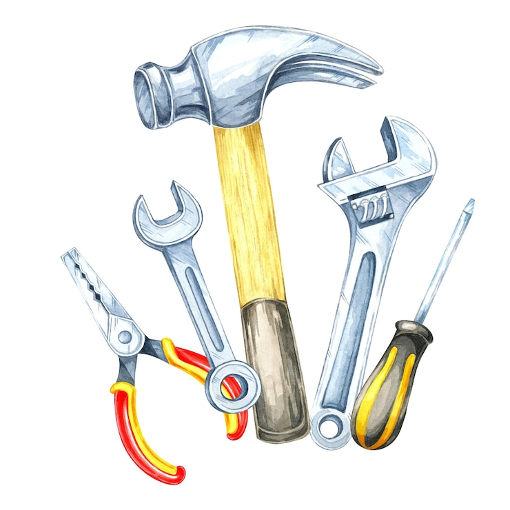 Foto hammer, zangen, schraubenzieher und schraubenschlüssel, clipart, hardware, werkzeuge, handgemalte aquarellillustrationen für flyer, broschüren