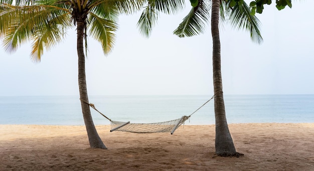 Foto hammock rest relaxe entre dois coqueiros em uma ilha tropical com uma bela praia ao pôr do sol