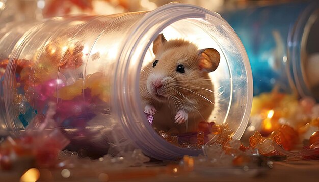 hamster à procura de um brinquedo dentro de um tubo de plástico no estilo de uma foto tirada com provia