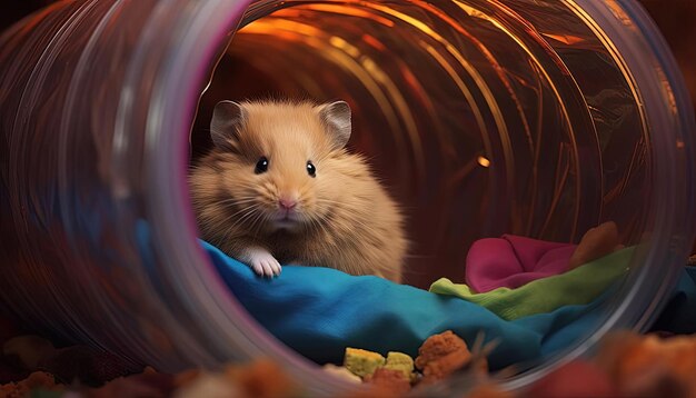 hamster à procura de um brinquedo dentro de um tubo de plástico no estilo de uma foto tirada com provia