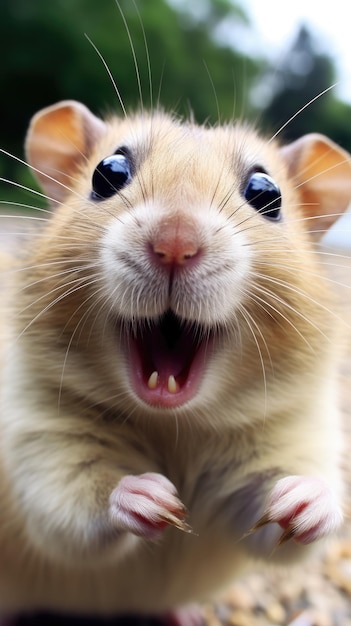 Hamster berührt die Kamera und macht ein Selfie, ein lustiges Selfie-Porträt eines Tieres