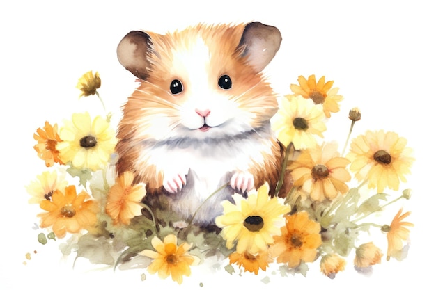 Hamster bonito aquarela em campo de flores em fundo branco ilustração de alta qualidade