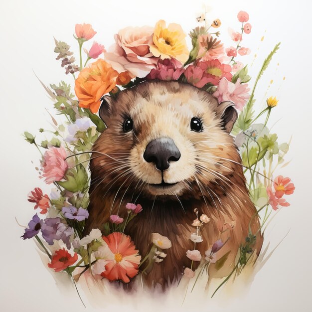 Hamster bonito com flores em estilo aquarela Ilustração desenhada à mão