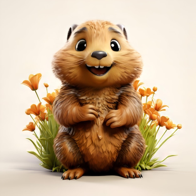 Hamster bonito sentado na grama com flores ilustração 3d