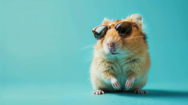 Hamster bonito usando óculos de sol contra um fundo ciano com espaço para copiar