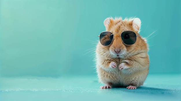 Hamster bonito usando óculos de sol contra um fundo ciano com espaço para copiar