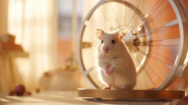 Foto hamster brincalhão em uma roda de arame com um pano de fundo de papel de parede pastel em um ambiente caseiro aconchegante