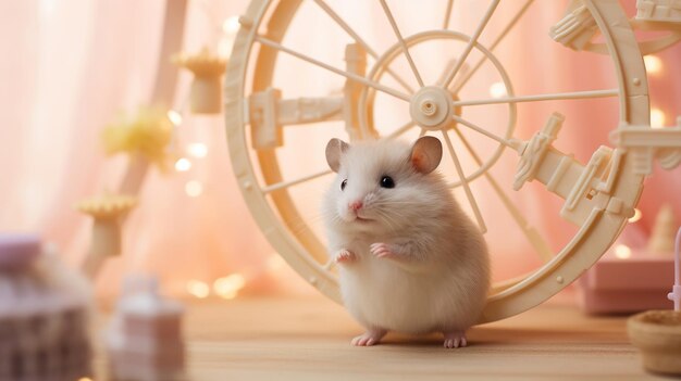 Hamster brincalhão em uma roda de arame com um pano de fundo de papel de parede pastel em um ambiente caseiro aconchegante