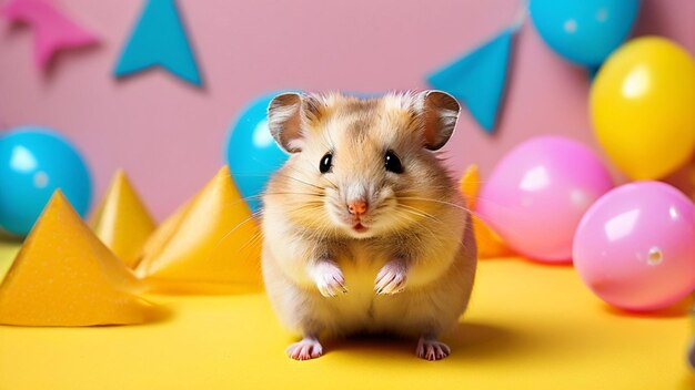 Hamster celebrando su cumpleaños sobre un fondo amarillo limpio