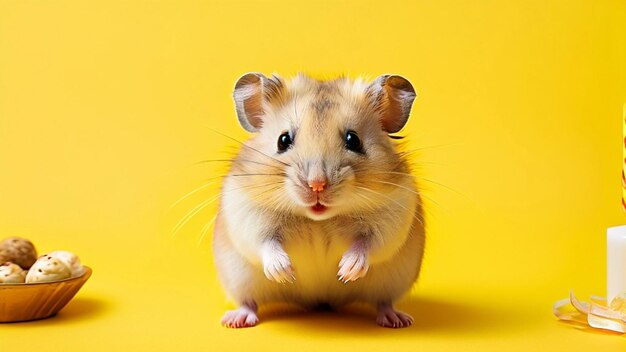 Hamster celebrando su cumpleaños sobre un fondo amarillo limpio