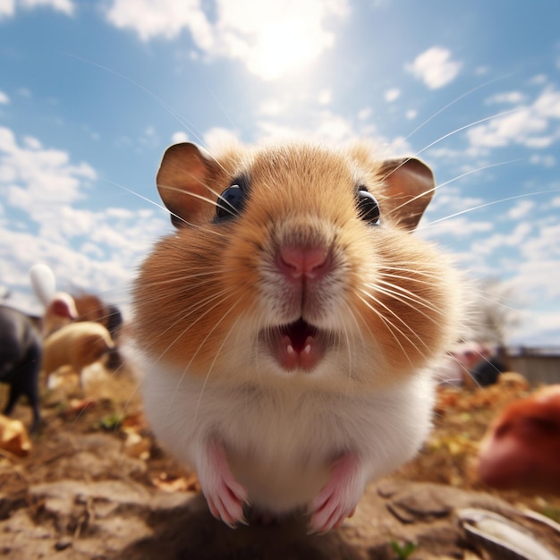 Hamster cheirando o retrato do rosto da câmera