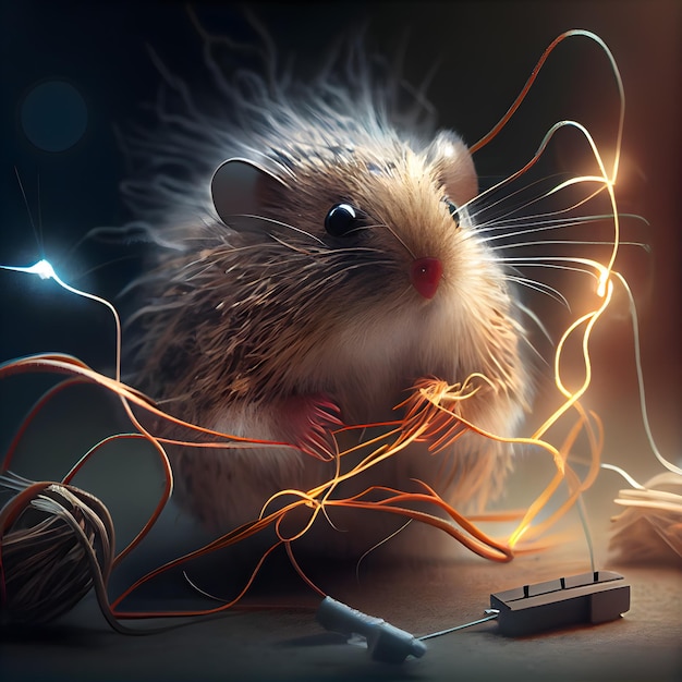 Hamster com cabo elétrico em uma renderização 3d de fundo escuro