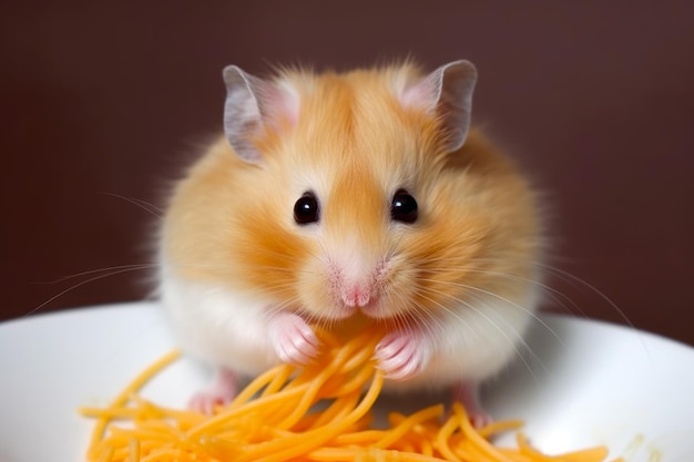 Hámster comiendo un montón de zanahorias ralladas en un plato blanco IA generativa