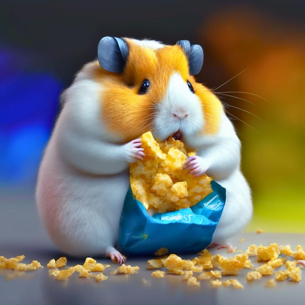 Un hámster comiendo palomitas de maíz.