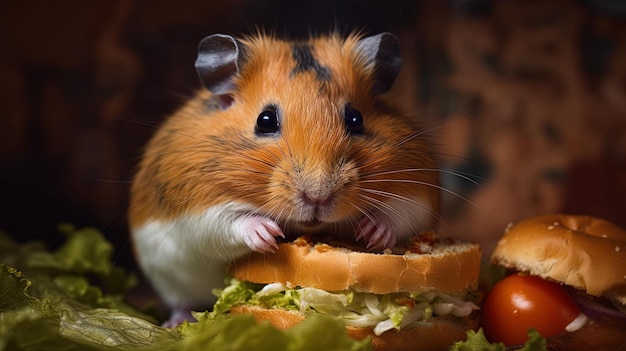 un hámster comiendo un sándwich con un pedazo de lechuga en él