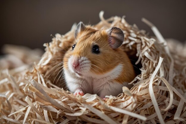 Hamster, der aus dem Strohnest schaut