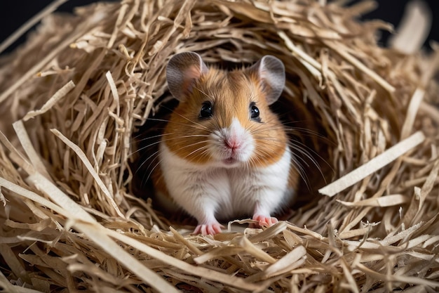 Hamster, der aus dem Strohnest schaut