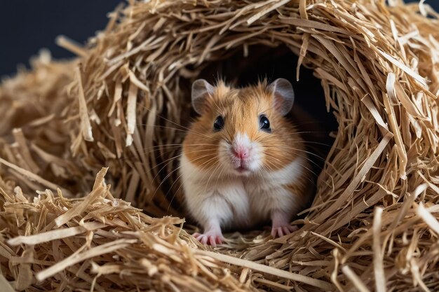 Hamster, der aus dem Strohnest schaut