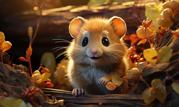 Hamster de dibujos animados en 3D en un fondo de otoño Foco suave selectivo