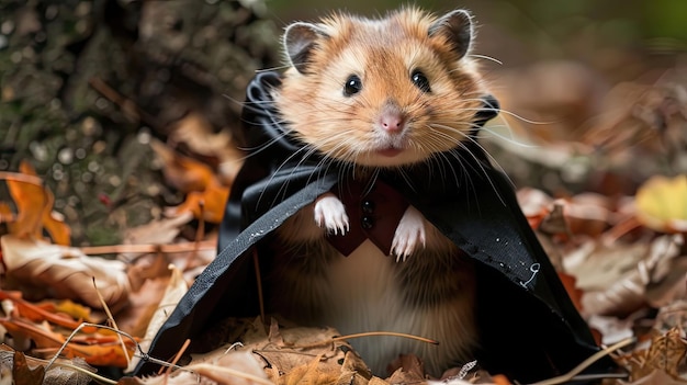 Hamster en un disfraz de vampiro Hombre mascota pequeño amigo mascota closeup traje de piel sesión de fotos para mascota pequeñas mejillas hinchadas bigotes twitchhamster explora el mundo en una capa inusual Generado por IA