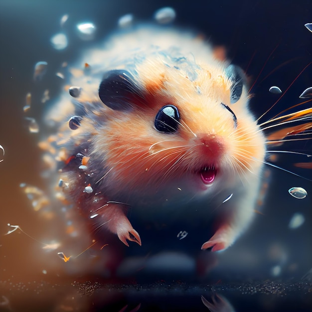 Hamster e gotas de água caindo em uma renderização 3d de fundo preto