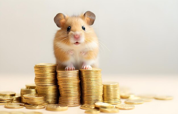 hamster e pilha de moedas de ouro em mesa de madeira branca sobre fundo branco