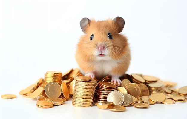 Foto hamster e pilha de moedas de ouro em mesa de madeira branca sobre whi