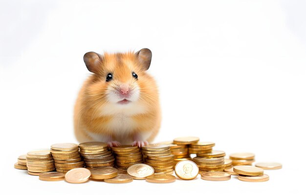 Foto hamster e pilha de moedas de ouro em mesa de madeira branca sobre whi