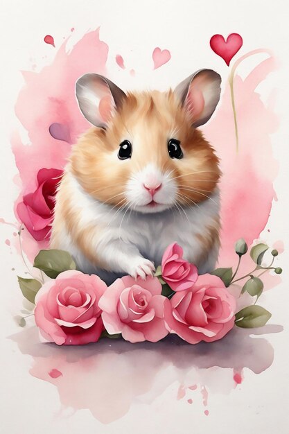 Foto hamster em um fundo de flores cor-de-rosa aquarela gráficos