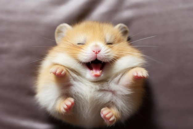 Foto hamster engraçado com bochechas recheadas sorrindo na cama