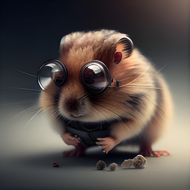 Hamster engraçado com óculos de sol em uma renderização 3d de fundo escuro