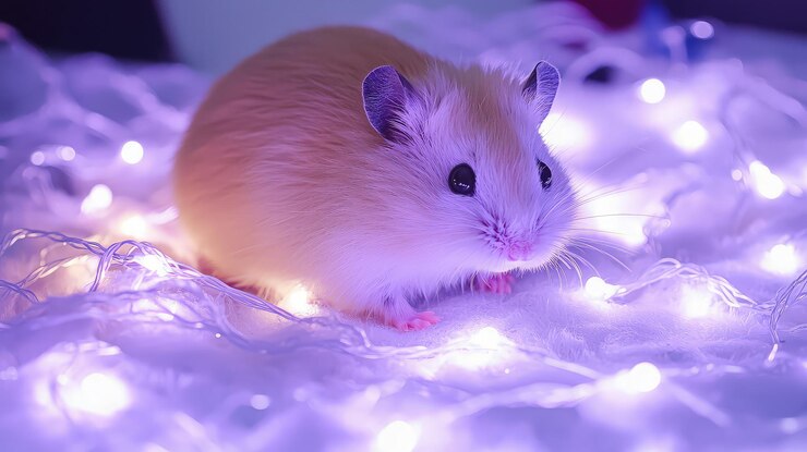 Un hámster esponjoso se sienta en medio de luces de hadas parpadeantes creando una escena mágica y caprichosa