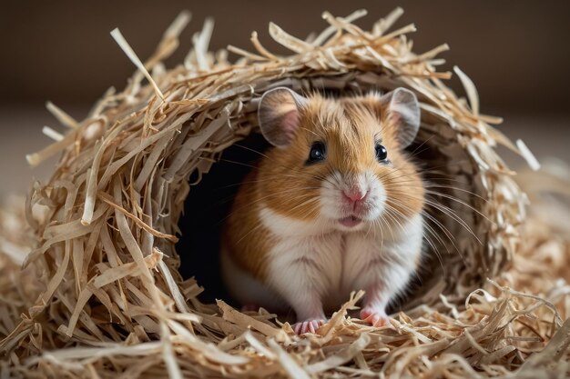 Hamster espreitando fora do ninho de palha