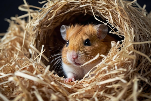 Hamster espreitando fora do ninho de palha