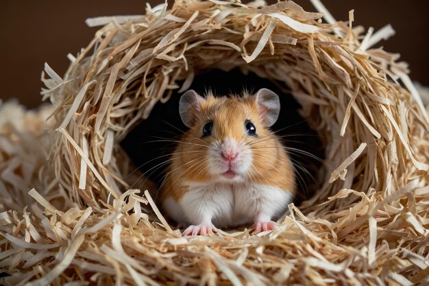 Hamster espreitando fora do ninho de palha