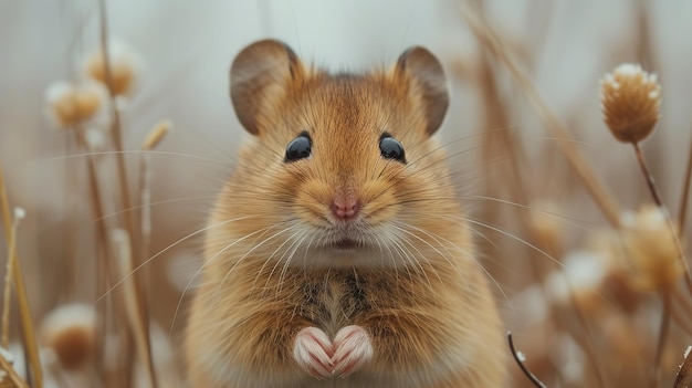 Hamster en un fondo de hierba seca en el invierno Closeup