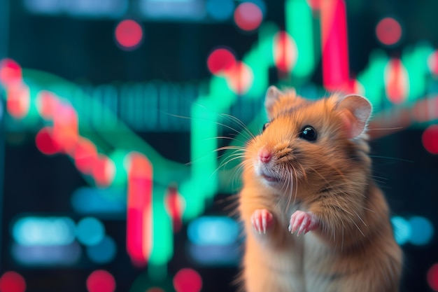 Foto hamster frente a gráficos comerciales borrosos novato en el concepto de bolsa de valores y mercado de activos