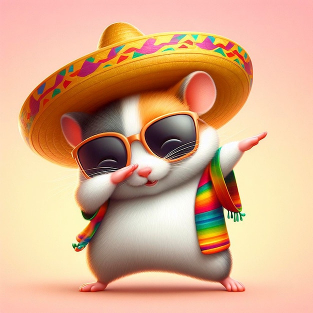 Foto hamster gracioso con ropa de colores y gafas de sol bailando