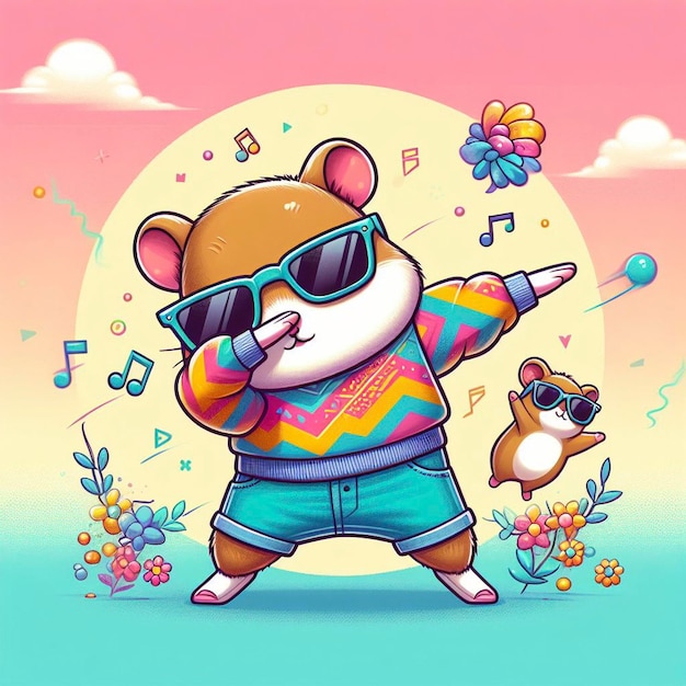 Foto hamster gracioso con ropa de colores y gafas de sol bailando