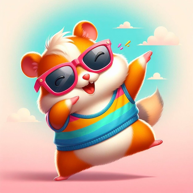 Hamster gracioso con ropa de colores y gafas de sol bailando