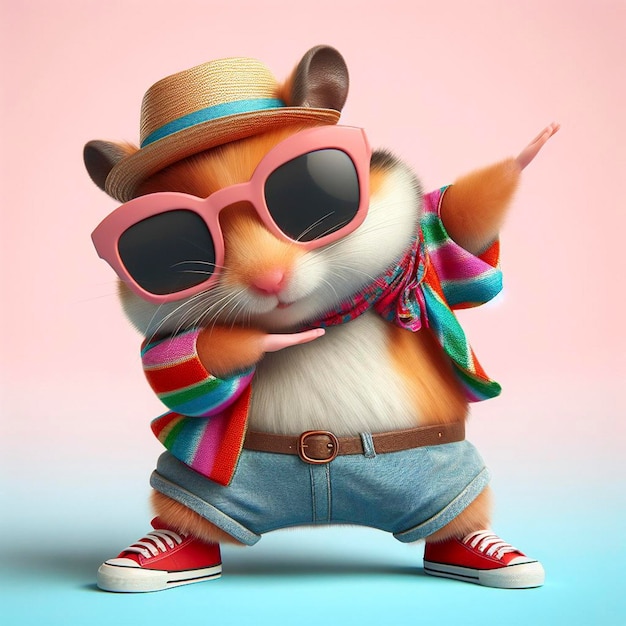 Foto hamster gracioso con ropa de colores y gafas de sol bailando